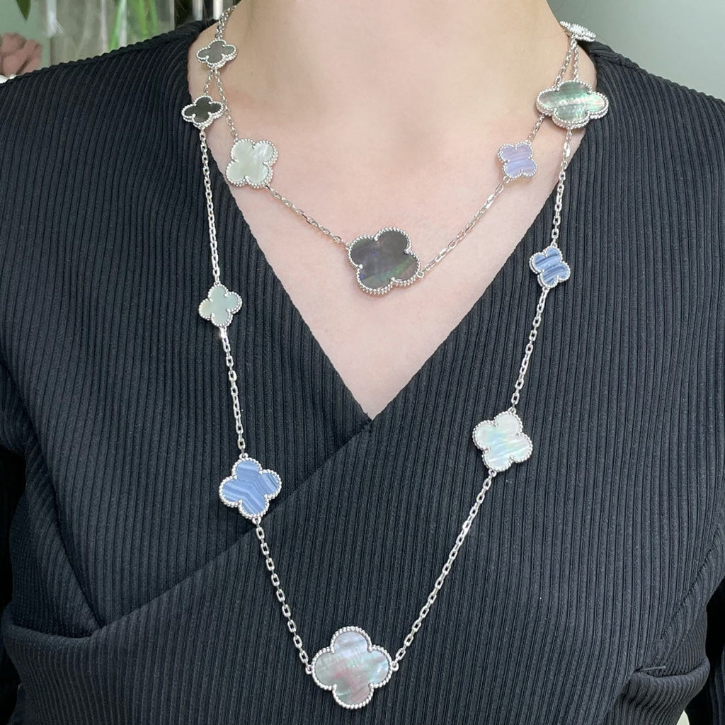 VCA CLOVER 16 MOTIF CHALCEDONY MOP SILVER NECKLACE