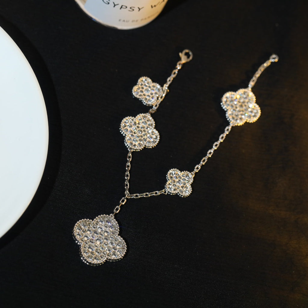 VCA CLOVER BRACELET 5 MOTIF SILVER DIAMOND PAVED