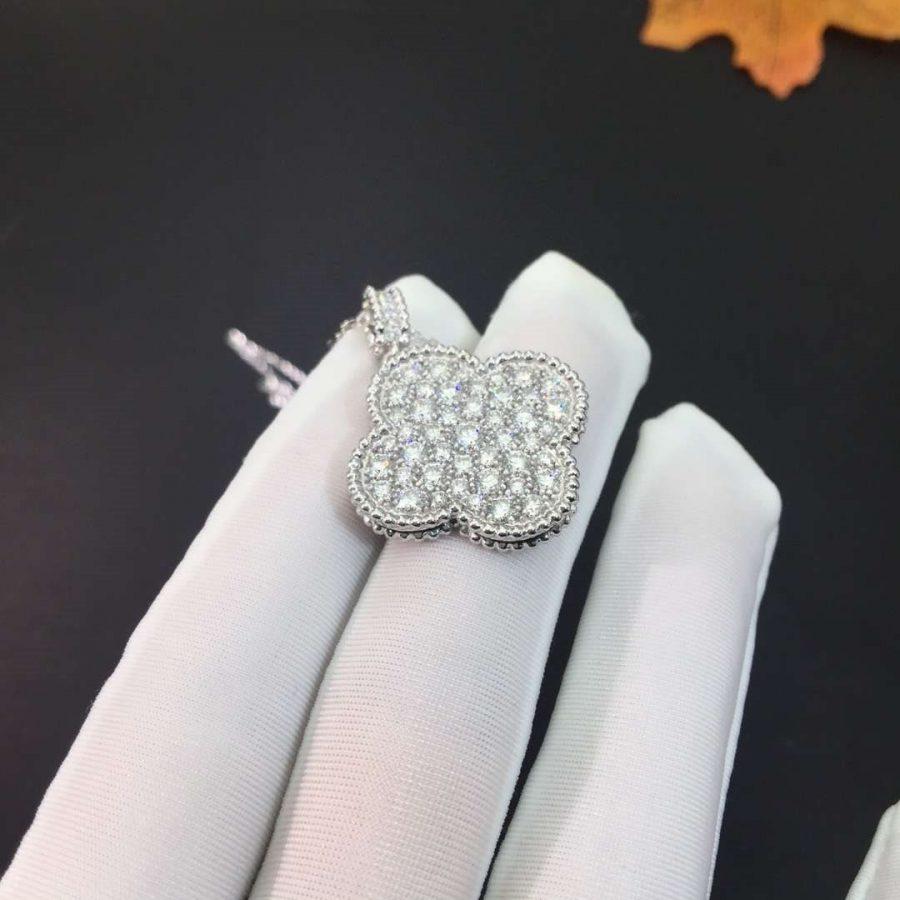 VCA CLOVER 25MM SILVER FULL DIAMOND BIG CLOVER NECKLACE